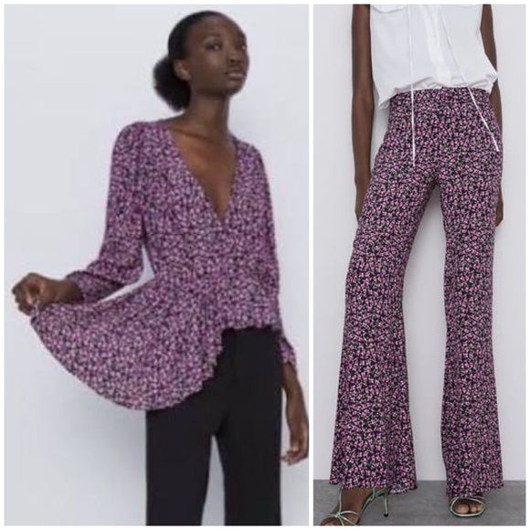 Zara Pants - Zara Pink Floral Flare Pants And Boho Asymmetric Peplum Blouse 2 Piece Set EUC